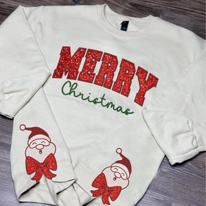 Merry Christmas Embroidered Side Bow Glitter Sweatshirt, Santa Claus Side Bow Sweatshirt, Side Bow Applique Sweatshirt, Trendy Coquette Bow