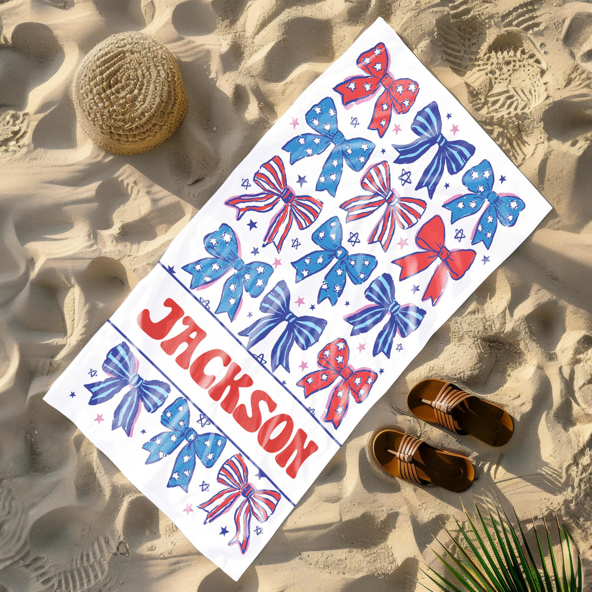 Personalized Patriotic Bow Beach Towel, Custom Name USA Stars & Stripes Design, 4th of July Summer Gift for Girls, Red White Blue Towel