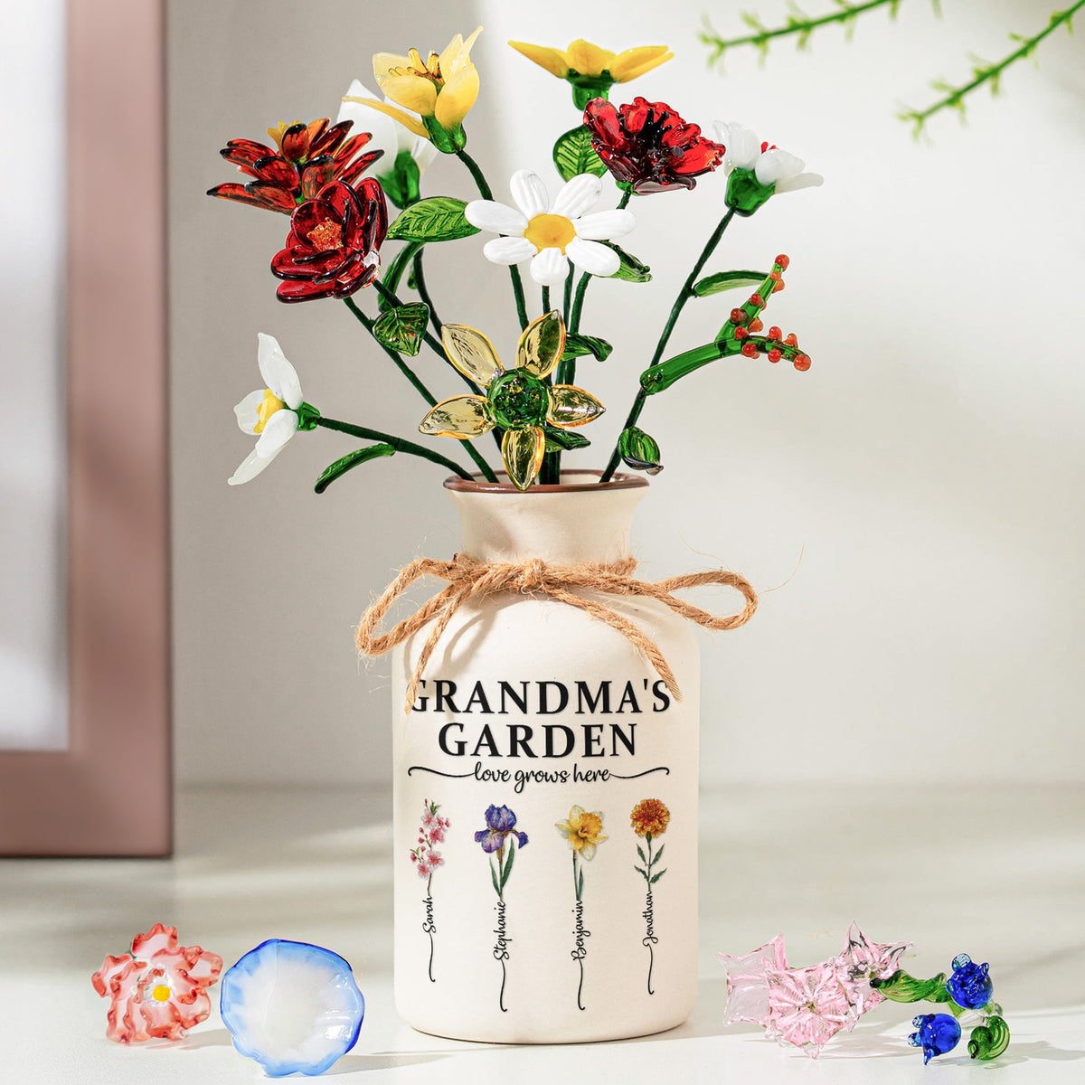 Grandma's Garden - Personalized Ceramic Vase With Glass Flower - Gift For Grandma Mom, Mother's Day Gift
