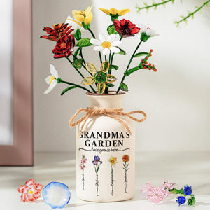 Grandma's Garden - Personalized Ceramic Vase With Glass Flower - Gift For Grandma Mom, Mother's Day Gift