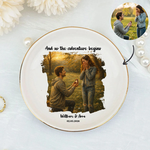 Personalized Proposal Photo Jewelry Dish - Custom Oil Painting Illustrated Engagement Keepsake Ring Tray with Names & Engaged Date