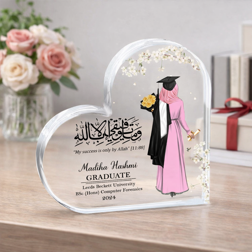 Muslim Female Graduation Gift, Personalised Graduation Gift for Her, Islamic Gift for Her, Class of 2026 Floral Clear Acrylic Custom Plaque
