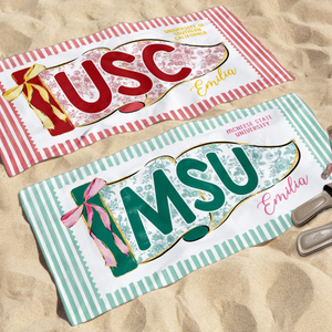 Personalized School Spirit Beach Towel: Coquette College Pennant Flag Towel, Grandmillennial Striped Towel, Sorority Girls Graduation Gift
