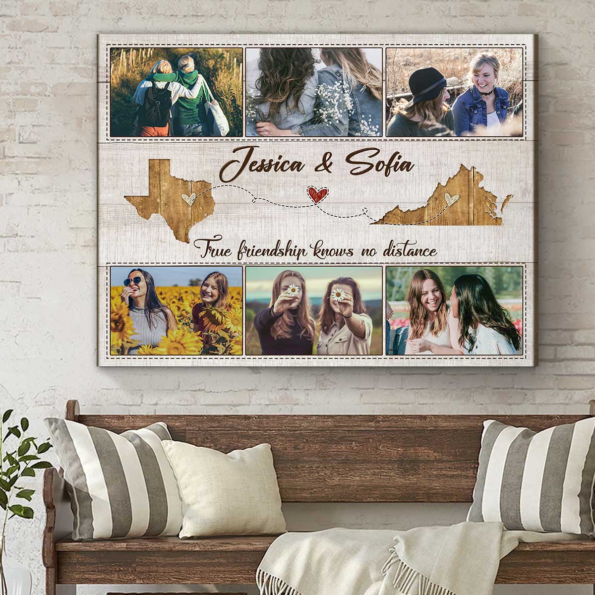 Custom Two State Besties Photo Canvas, Long Distance Friendship Gifts, Birthday Present For Long Distance Friend