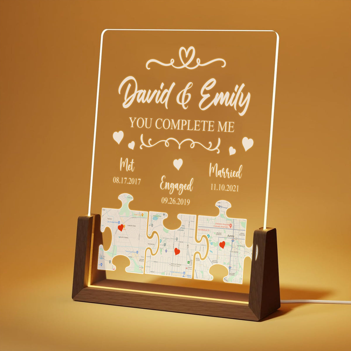 Personalize Photo, Map, Name & Anniversary Date Plaque Night Light - Customize Night Light for Couples, Valentine's Gifts