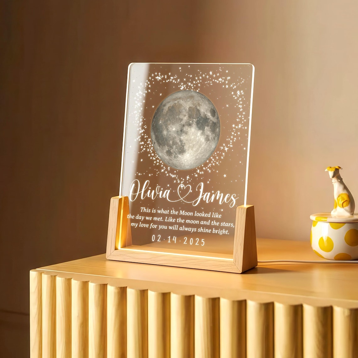 The Moon the Day We Met, Custom Valentine's Gift for Couples, Romantic Anniversary Night Light, Desk Night Light Wooden Base
