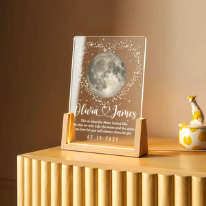 The Moon the Day We Met, Custom Valentine's Gift for Couples, Romantic Anniversary Night Light, Desk Night Light Wooden Base