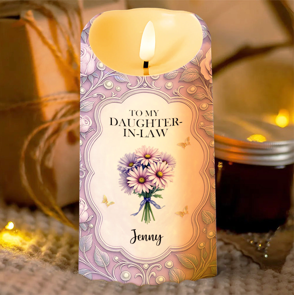 To My Daughter-In-Law, Gift Of Life, Flowers and Butterflies, Custom LED Candle, Gift For Daughter-In-Laws