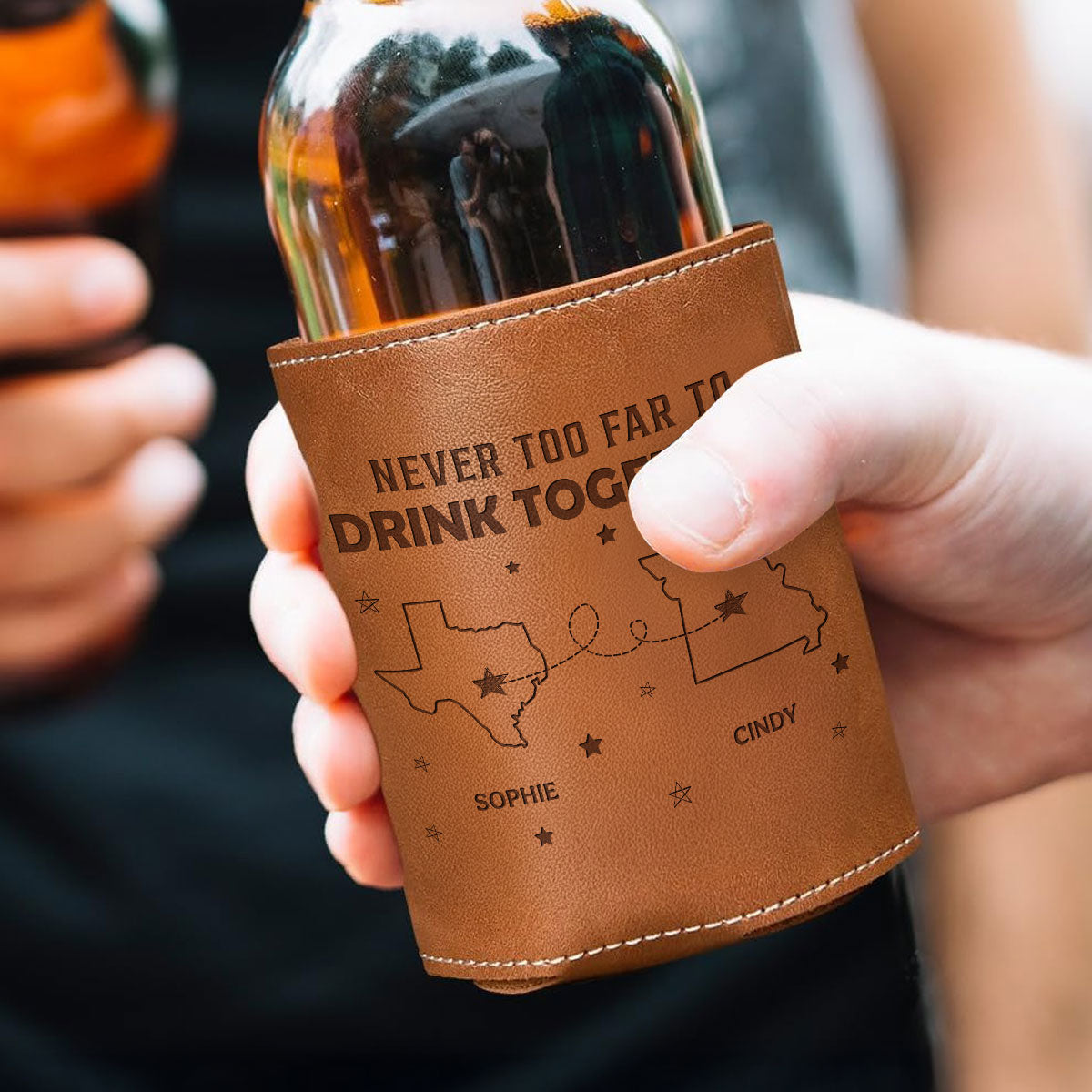 Never Too Far To Drink Together - Personalized Leather Can Cooler - Gift For Family