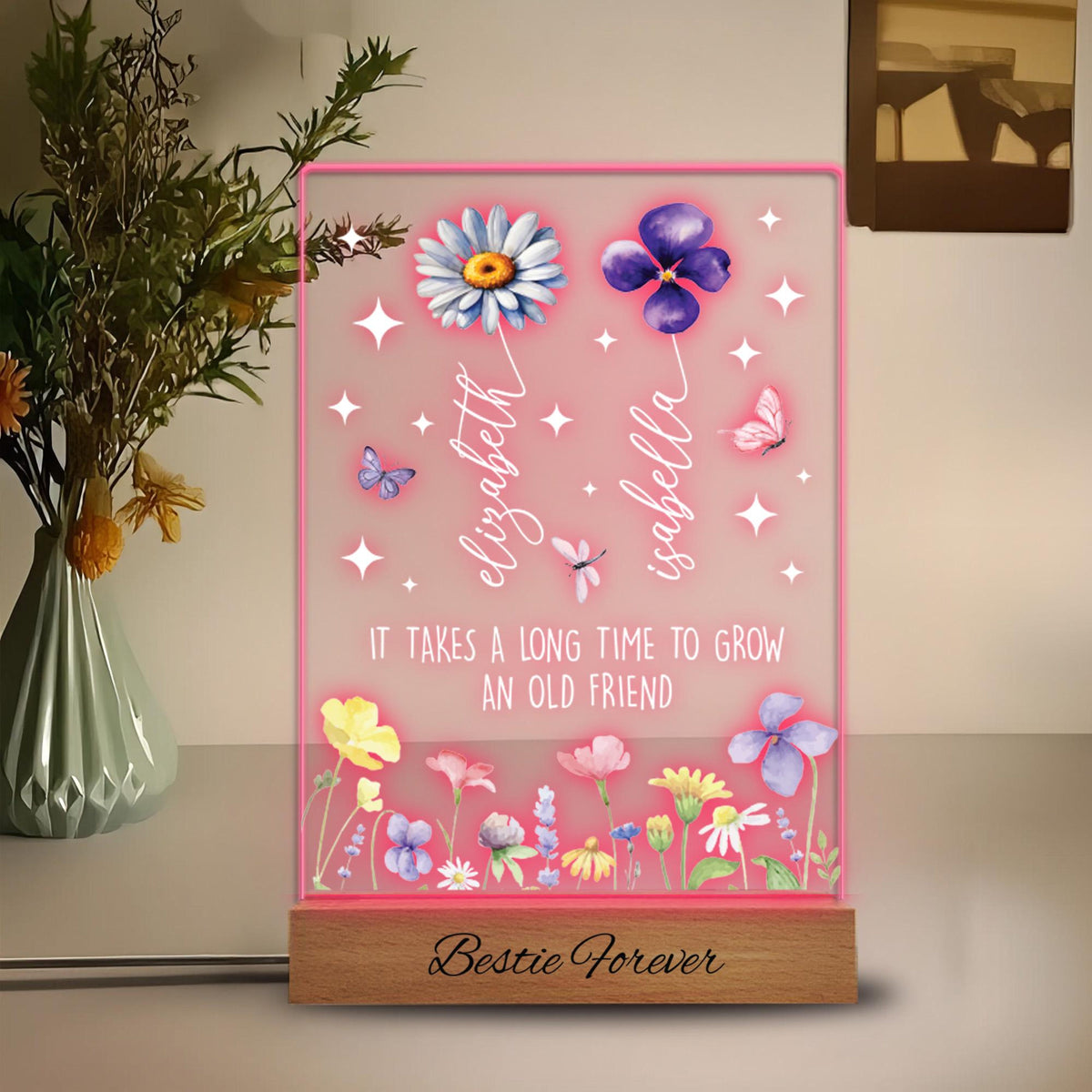Personalized Bestie Forever Acrylic Photo Night Light, Birth Month Flower Gift, Gift For Sisters, Besties, Soul Sisters