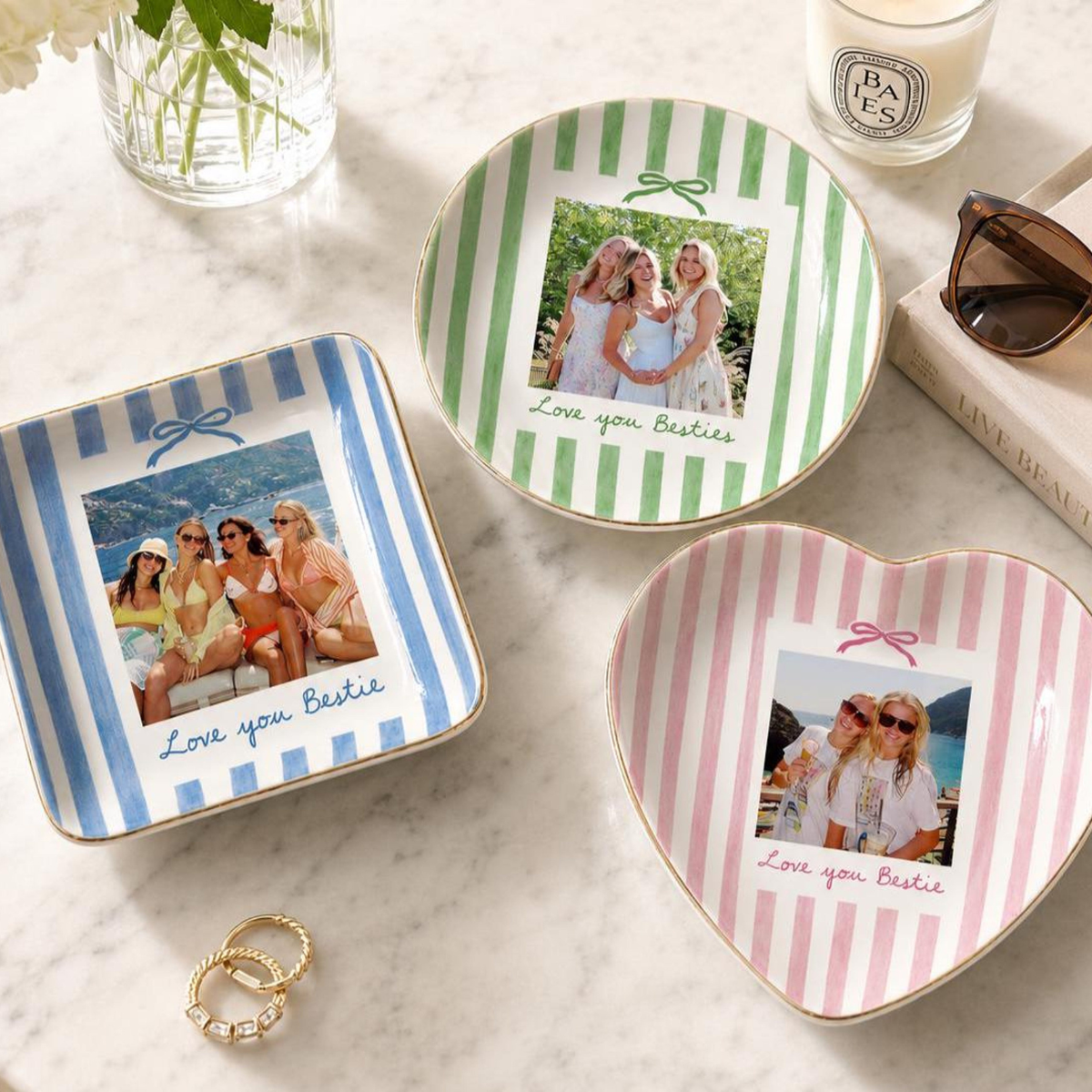 Personalized Bestie Photo Jewelry Dish, Ceramic Trinket Tray for Best Friend, Bestie Striped Ring Dish, Birthday Gifts For Bestie