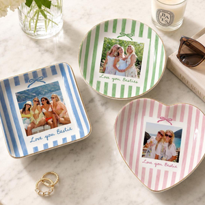 Personalized Bestie Photo Jewelry Dish, Ceramic Trinket Tray for Best Friend, Bestie Striped Ring Dish, Birthday Gifts For Bestie
