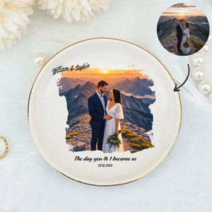 Personalized Proposal Photo Jewelry Dish - Custom Vector Illustrated Engagement Keepsake Ring Tray with Names & Engaged Date
