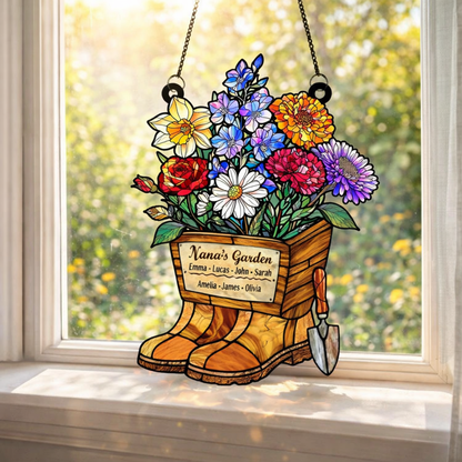 Grandma's Vintage Boots Birth Flower Suncatcher, Grandma's Garden, Mom Gift, Birth Month Flower Stained Glass Acrylic Window Hanging, Mothers Day Gift