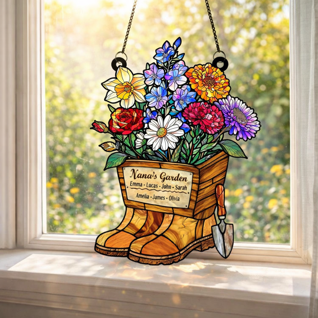 Grandma's Vintage Boots Birth Flower Suncatcher, Grandma's Garden, Mom Gift, Birth Month Flower Stained Glass Acrylic Window Hanging, Mothers Day Gift