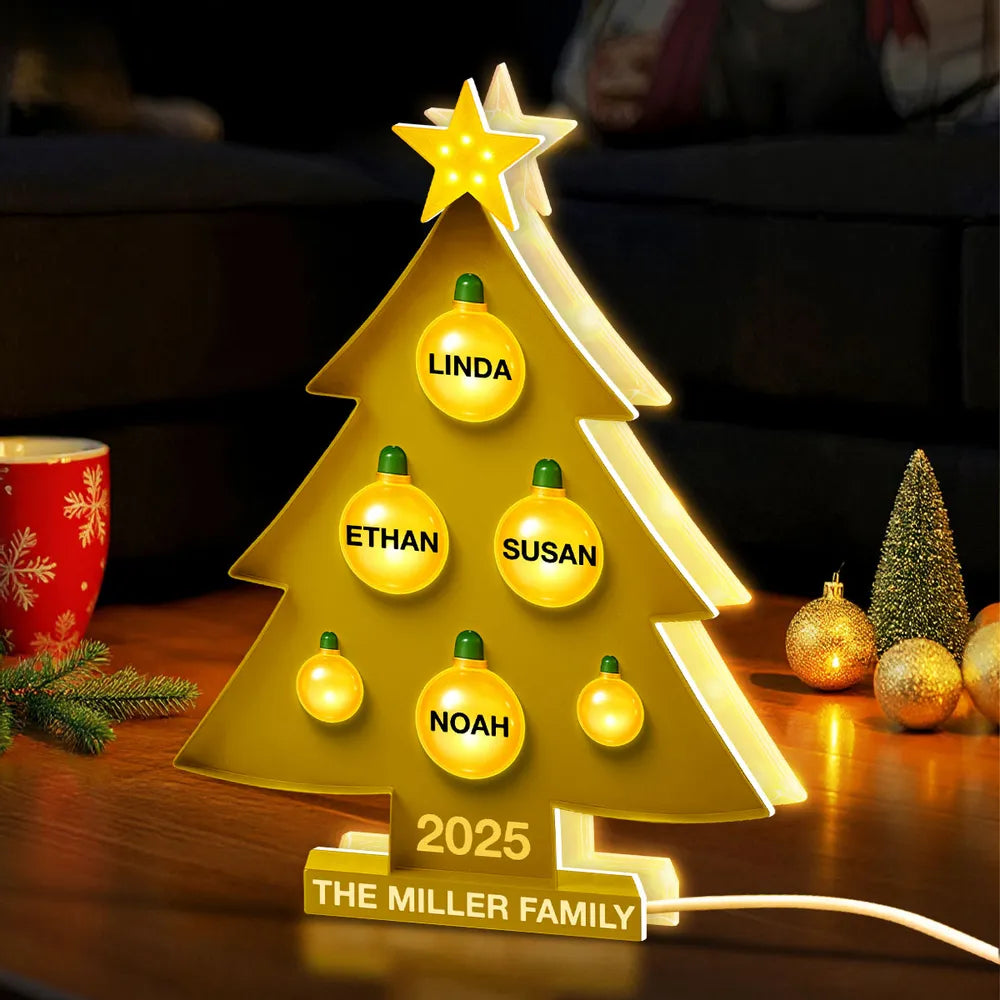 Family Christmas Tree With Light Bulbs - Personalized Light Box - Gift For Family, Christmas Home Decoration