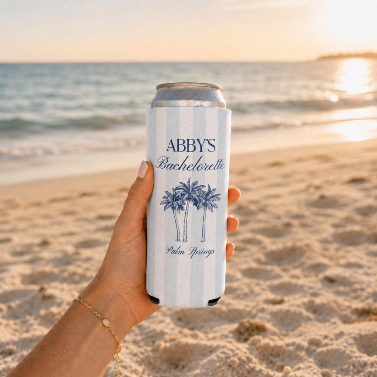 Personalized Beach Bachelorette Can Cooler, Custom Girls Trip Drink Holder, Coastal Weekend Party Favor, Slim Can Holder, Destination Bach