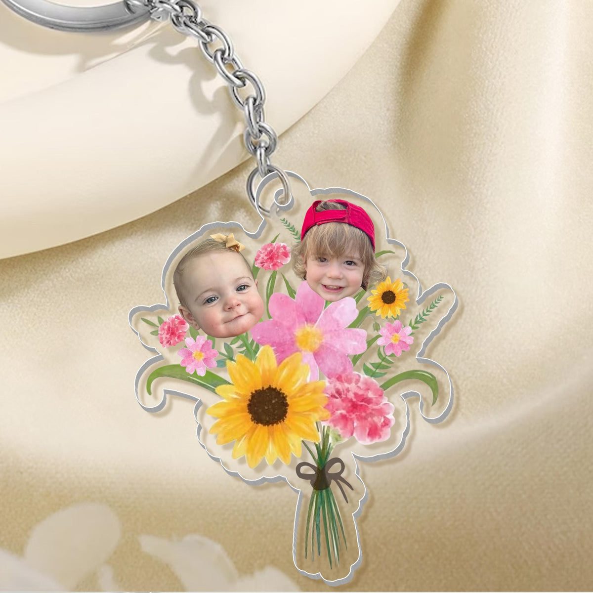 Personalized Gift For Mom Grandma, Custom Kids Face Flower Bouquet Keychain, Grandma Keychain Gift, Baby Face Keychain