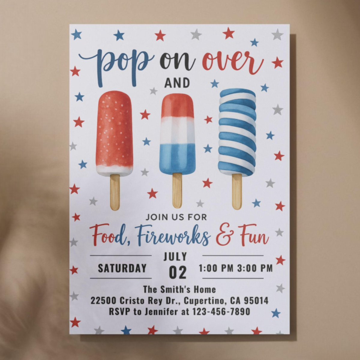 4th of July Invitation Independence Day party Invite, Red White Blue Patriotic Party Popsicles Pop on Over Postcard