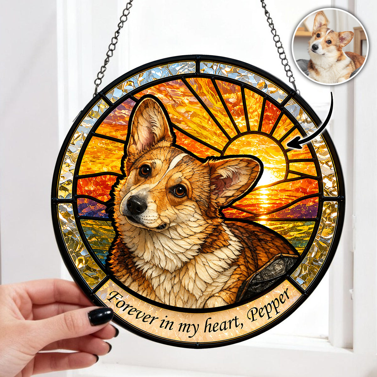 Custom Dog Portrait Stained Glass Suncatcher, Personalized Pet Memorial Decor