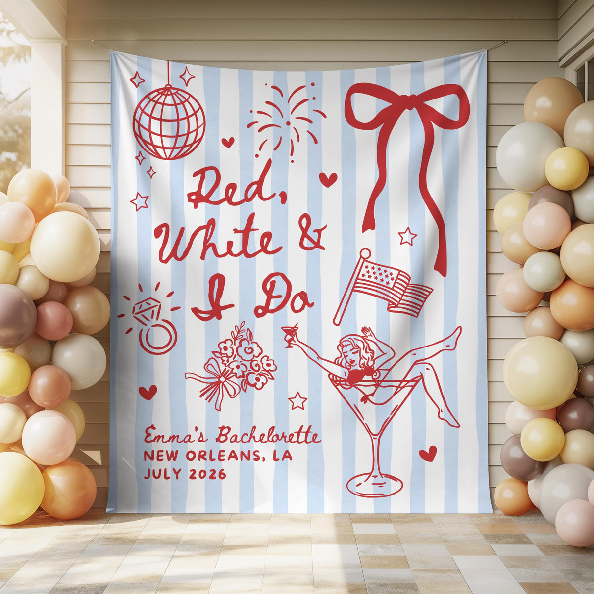 Red White and I Do Bachelorette Banner, 4th of July Cocktail Party Decor, BBQ Bachelorette Backdrop, Bach Photo Booth, Martini Bridal Shower