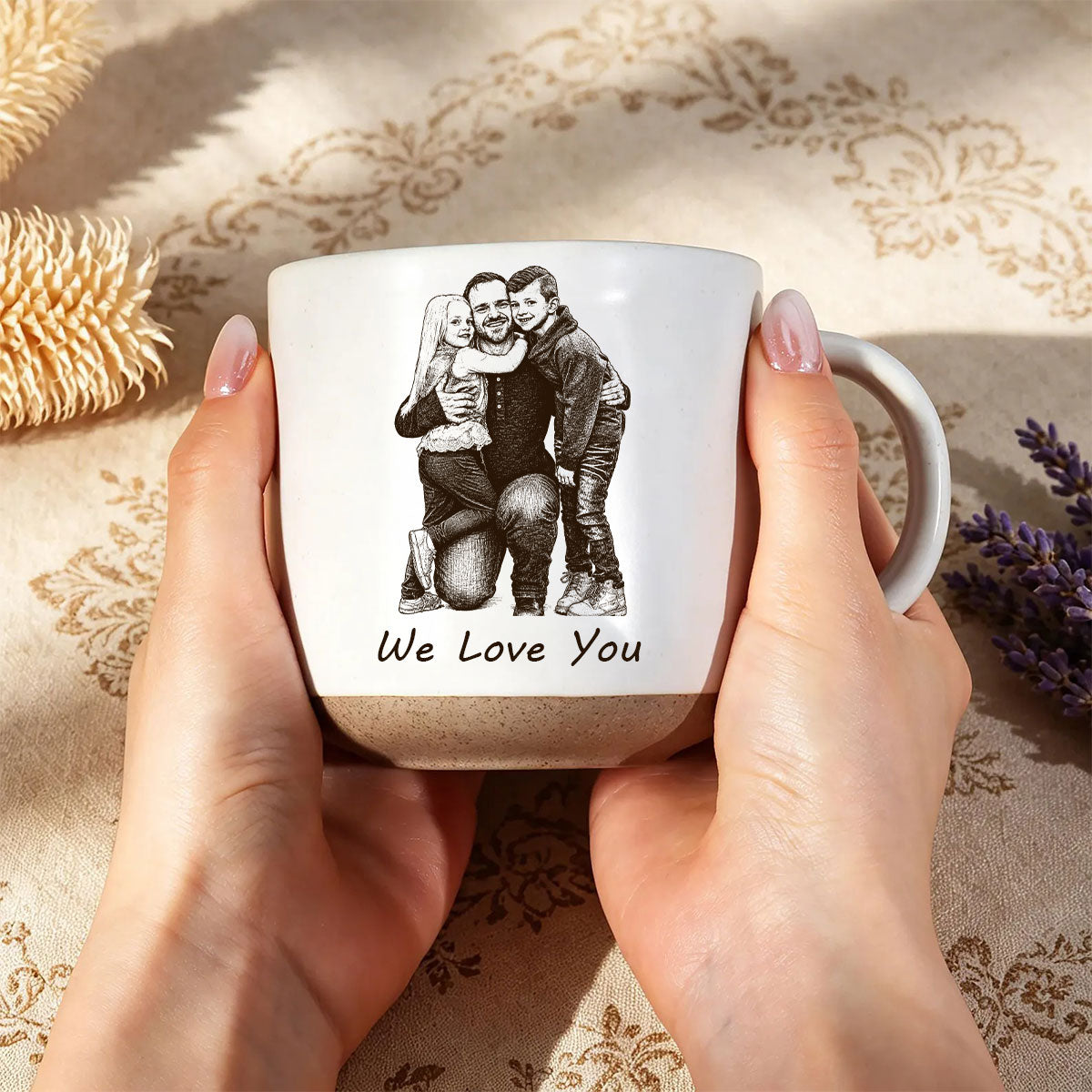 Pencil Sketch Engraved Design - Pottery Coffee Mug for Dad/Husband/Mom, Father's Day Gift