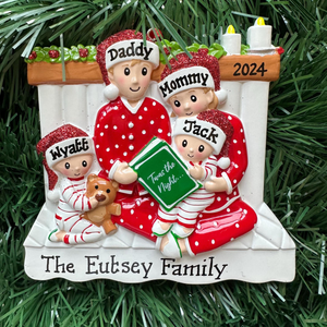 Family Of Four Reading In Pajamas, Family of Four with Matching Pajamas, Personalized Christmas Ornament With Optional Pet