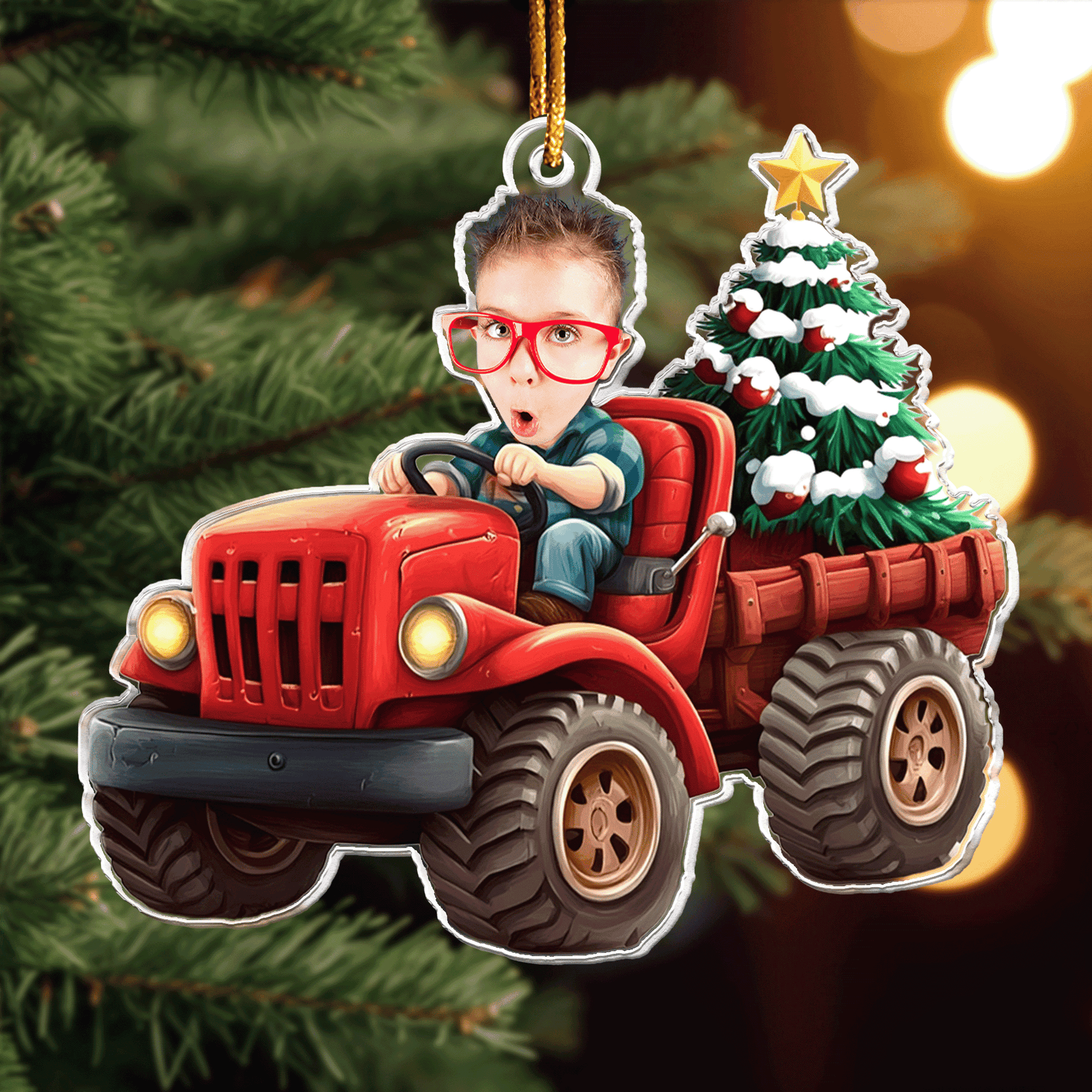 Kids Riding Red Truck With Christmas Tree - Personalized Acrylic Shaped Ornament - Christmas Gift For Kids