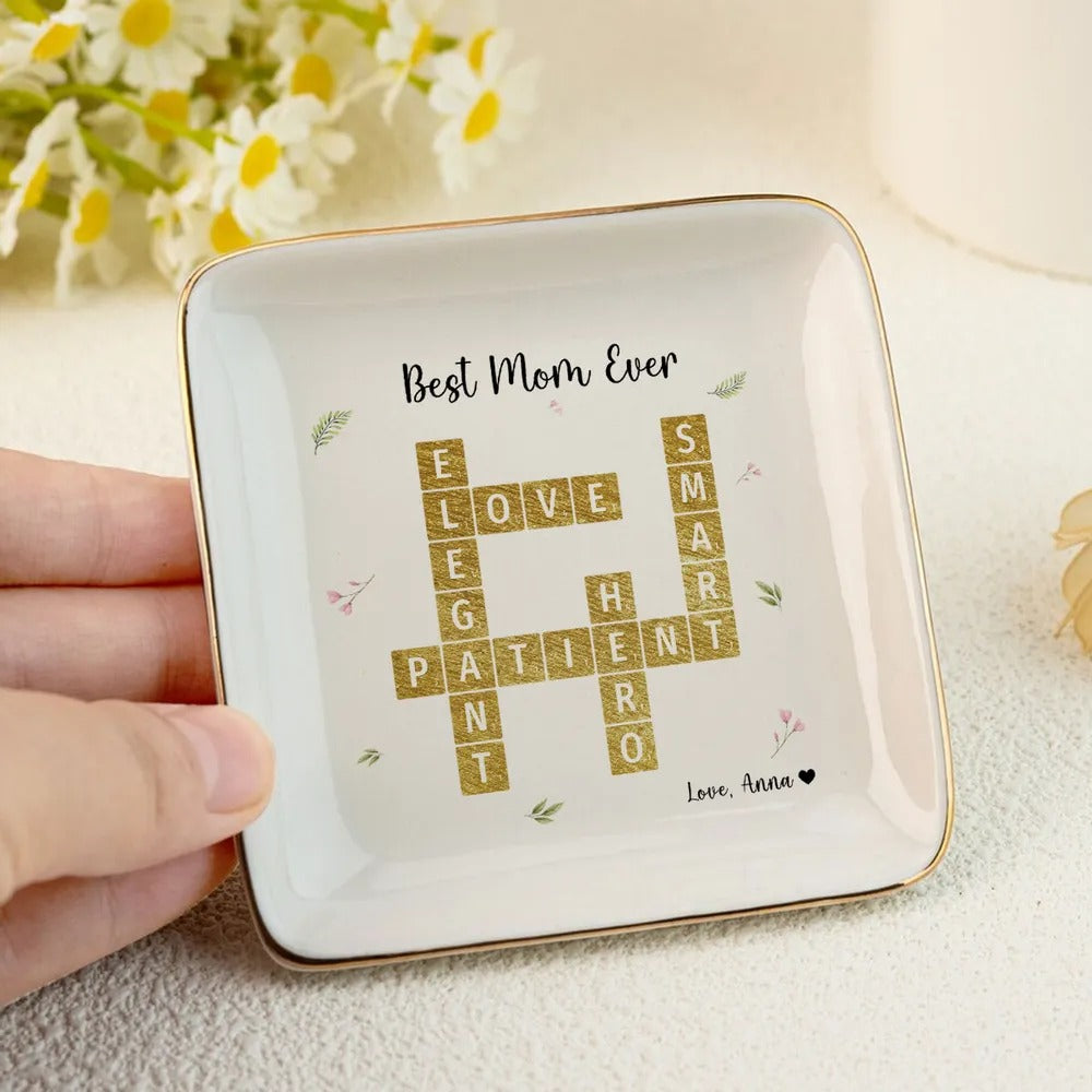 Best Mom Ever Appreciation Crossword Art - Personalized Jewelry Plate - Gift For Mom, Mother's Day, Birthday Gift