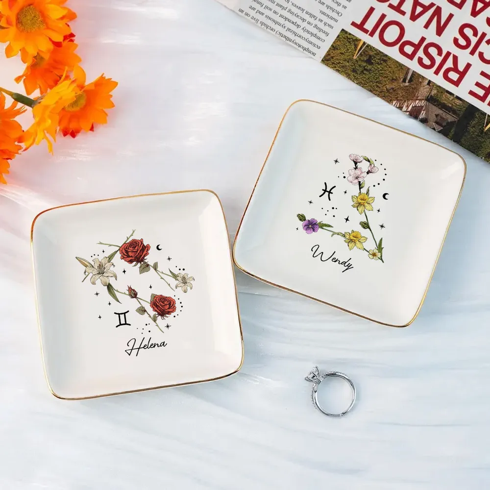 Zodiac Sign Birth Month Flower - Personalized Jewelry Plate - Gift For Mother, Daughter, Sister, Family