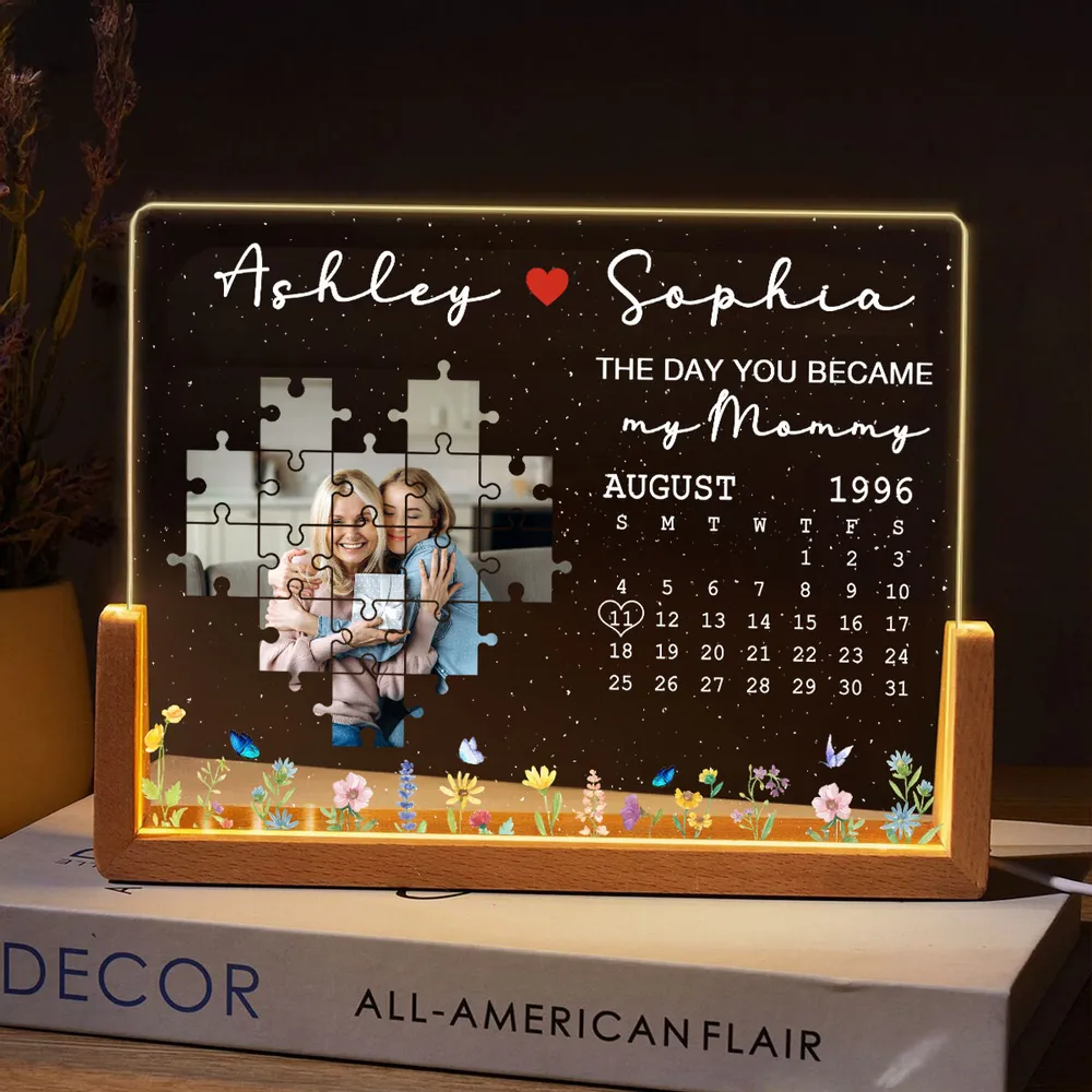 The Day You Became My Mom Upload Photo Puzzle Calendar - Personalized Desk Name Plate - Gift For Mom, Mother's Day, Birthday Gift