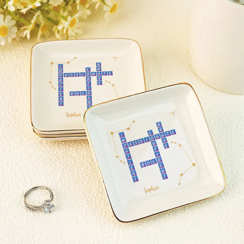 Character Qualities Crossword With Zodiac Sign - Personalized Jewelry Plate - Gift For Mother