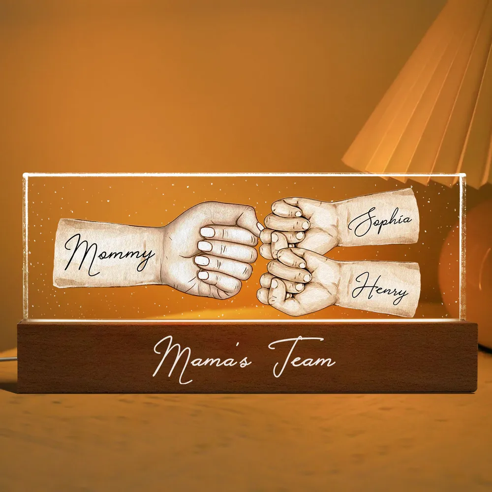 Mama's Team Fist Bump - Personalized 3D LED Light Wooden Base - Gift For Her, Gift For Mom, Mother's Day, Birthday Gift