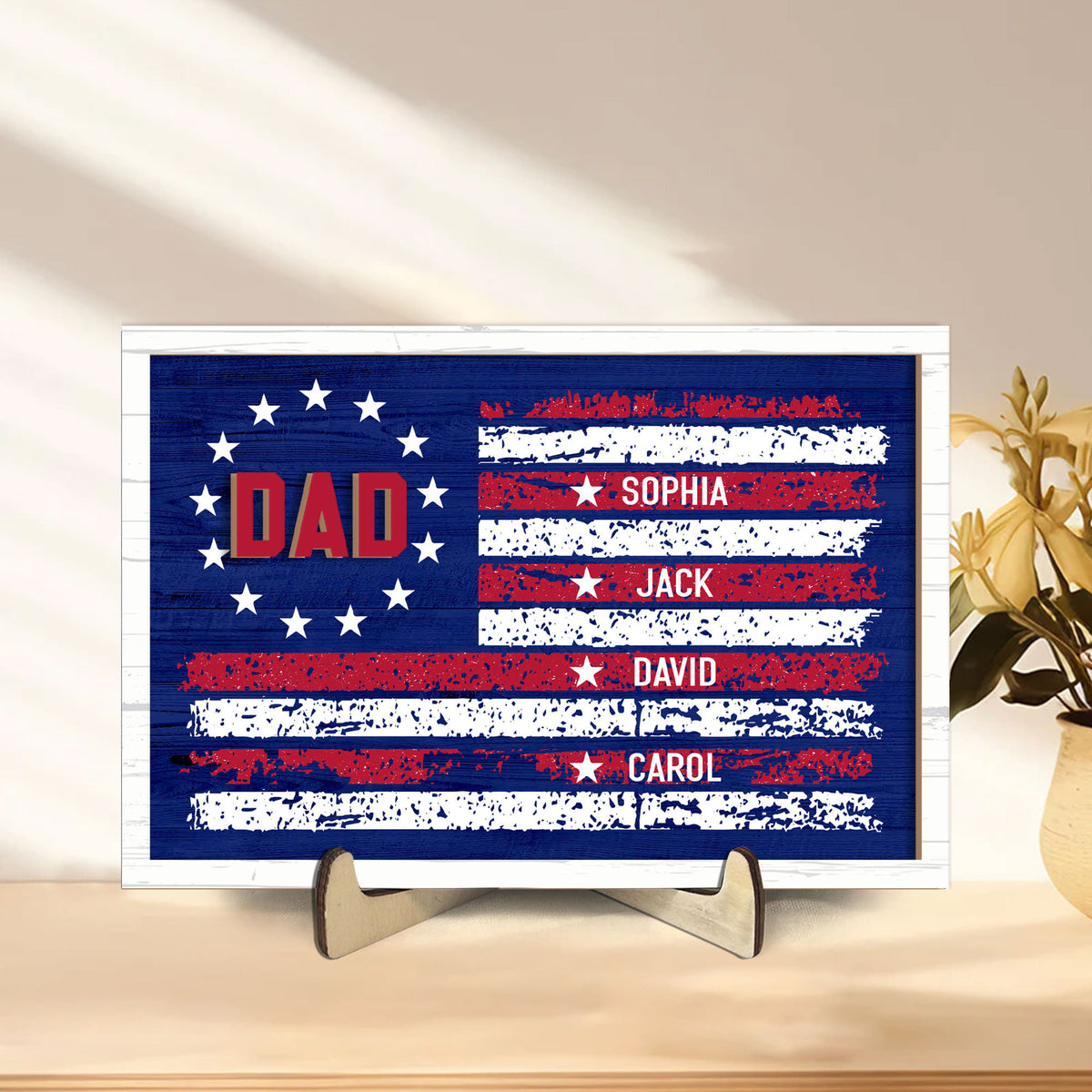 Personalized Dad Wooden Plaque, Custom Kid's Names Wooden Sign, America Flag Blue Line Wood Sign, Independence Day Gift for Dad, Grandpa