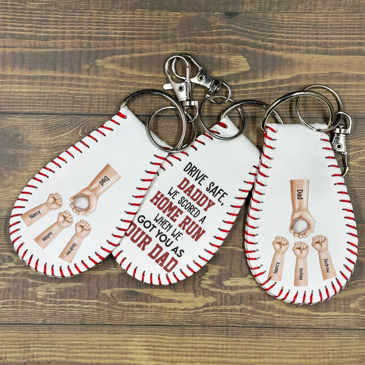 We Scored A Home Run Drive Safe Daddy - Personalized Leather Baseball Keychain - Gift For Father, Baseball Dad, Father's Day Gift