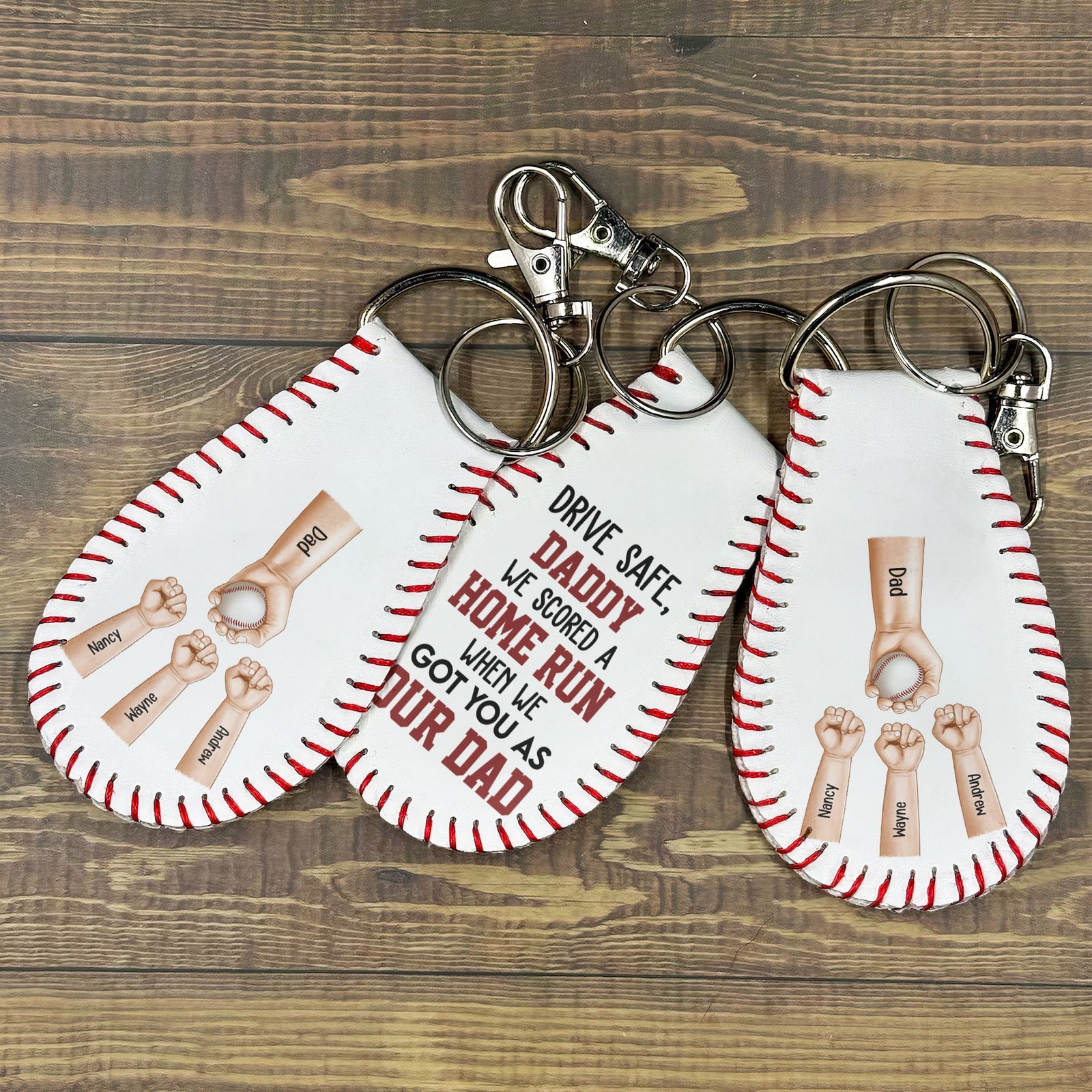 We Scored A Home Run Drive Safe Daddy - Personalized Leather Baseball Keychain - Gift For Father, Baseball Dad, Father's Day Gift