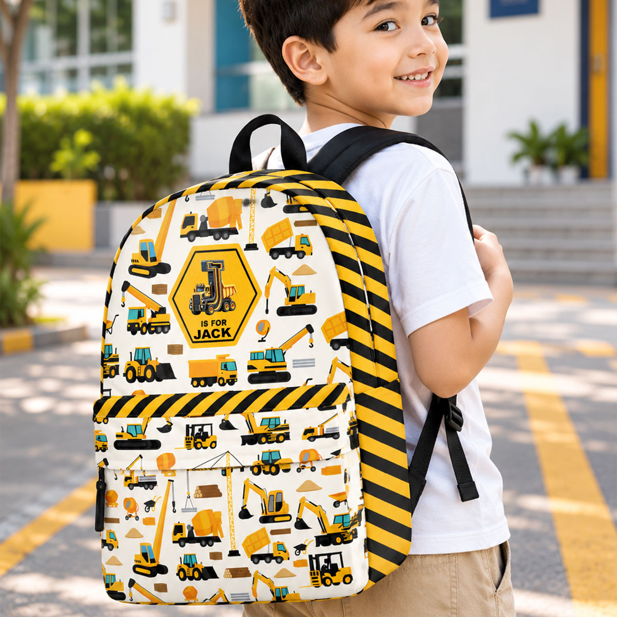 Construction Vehicles Truck, Unicorn Letter - Personalized Kid Backpack