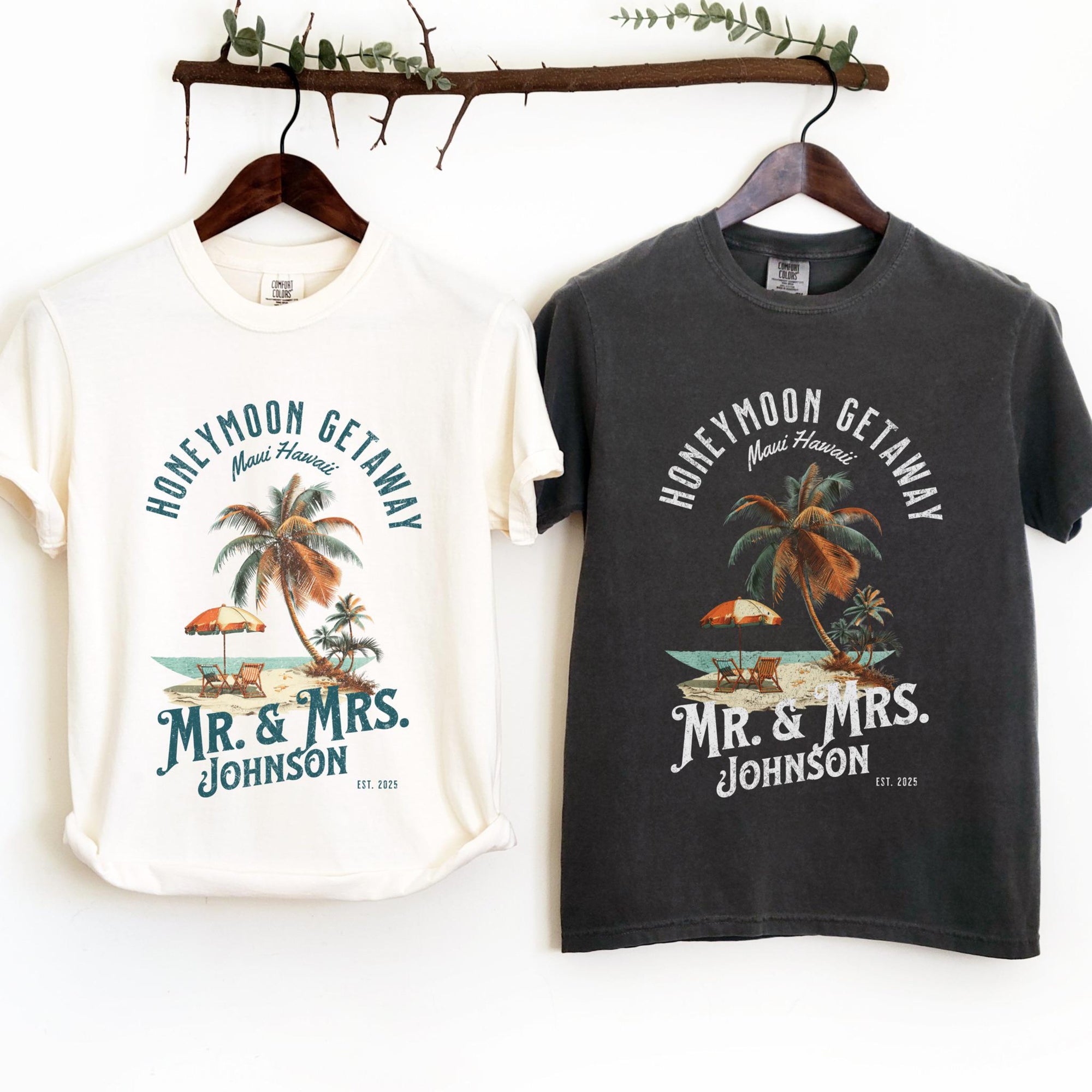 Funny Custom Honeymoon Mr. & Mrs. Shirts - Personalized Beach Honeymoon Tees - Maui Hawaii or Your Dream Destination