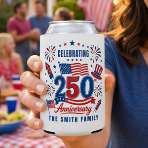 Personalized America 250th Anniversary Can Cooler Favor, Patriotic Family BBQ Drink Holder, Custom 4th of July Slim & Regular Can Sleeve