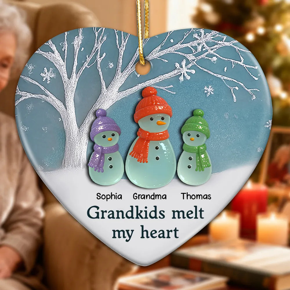 3D Effect Sea Glass Snowman Grandma & Grandkids - Personalized Ceramic Ornament - Christmas Gift For Grandchildren, Grandma