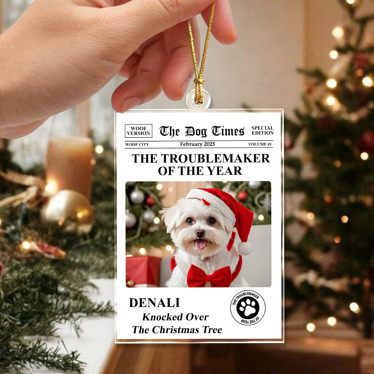 Custom Photo The Troublemaker Of The Year - Personalized Acrylic Ornament - Christmas Gift For Pet Owners