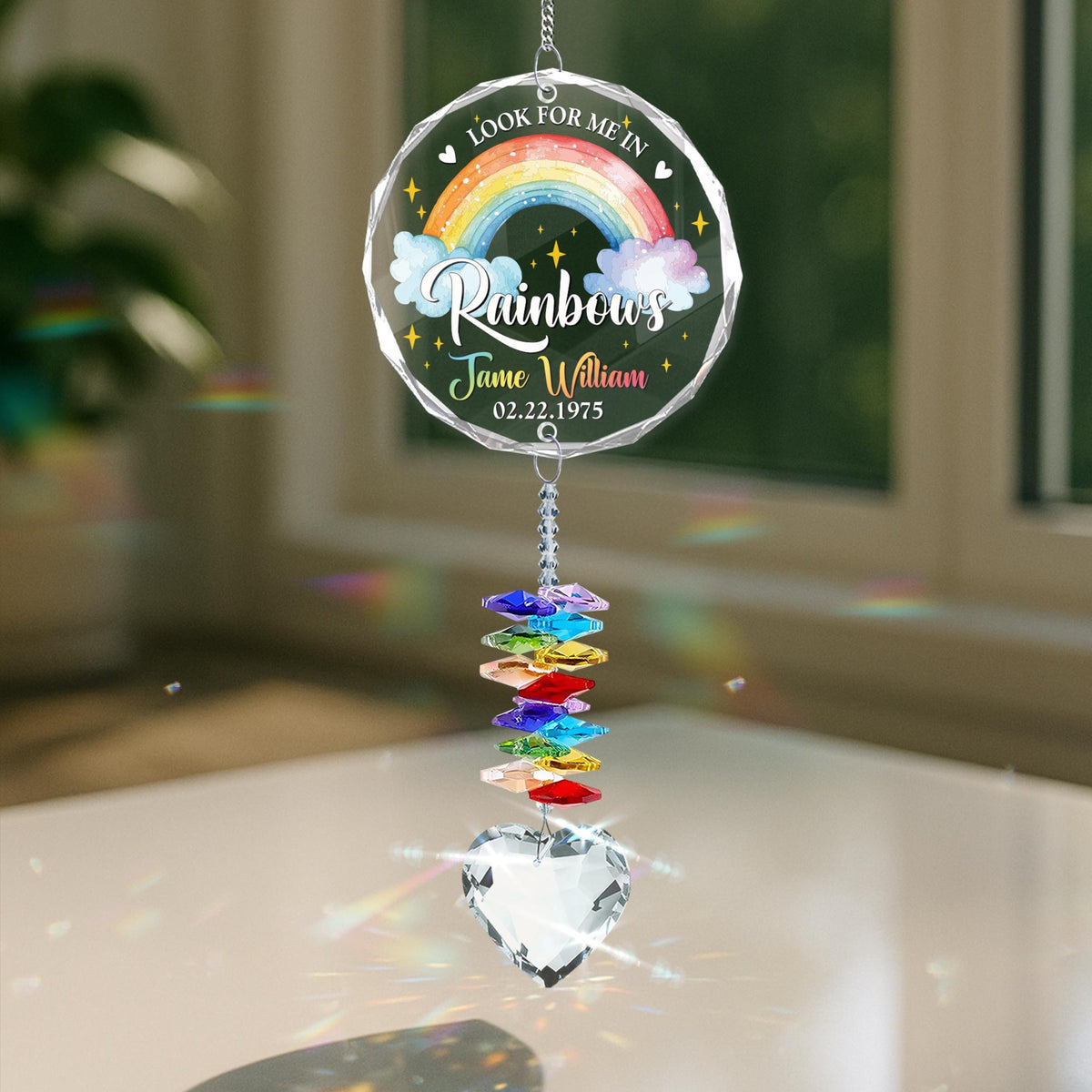 Look for me in Rainbows Personalized Memorial Ornament, Crystal Heart Ornament Sympathy gift, Memorial gift with name, Prism rainbow