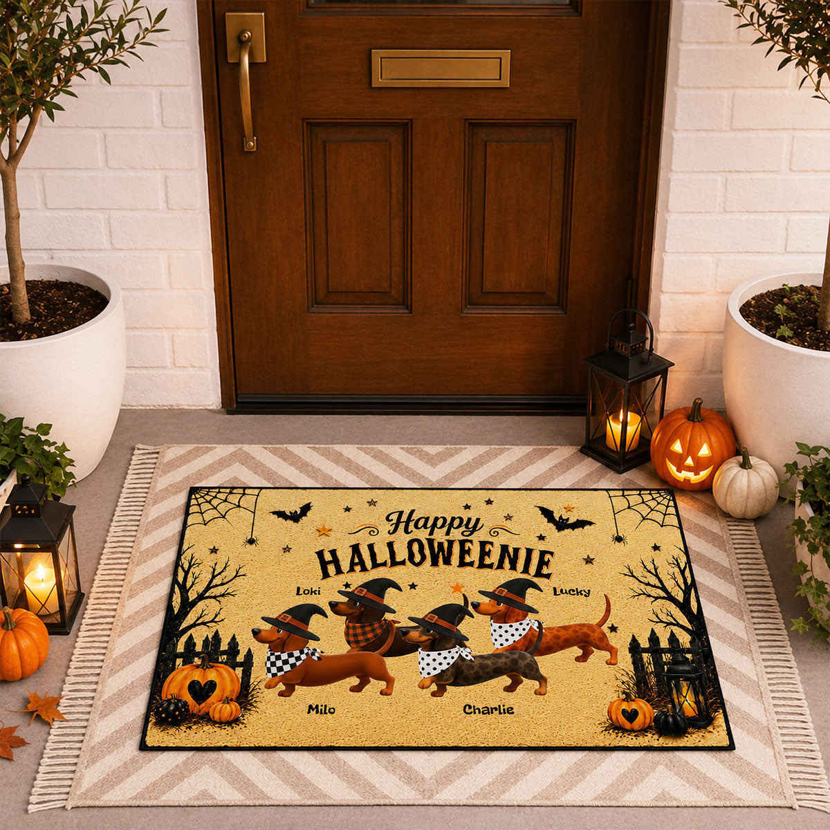 Halloween Dachshund Happy Halloweenie - Personalized Doormat - Halloween Decorations For Dachshund Lovers
