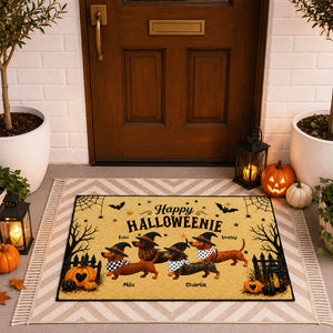 Halloween Dachshund Happy Halloweenie - Personalized Doormat - Halloween Decorations For Dachshund Lovers