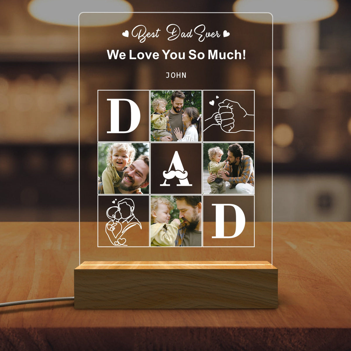Best Dad Ever Photo Collage - Personalized 3D LED Light Wooden Base - Gift For Father