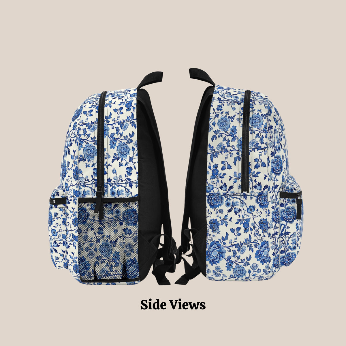 Custom Blue Chinoiserie Backpack, Floral Back To School Bookbag, Personalized Name Schoolbag