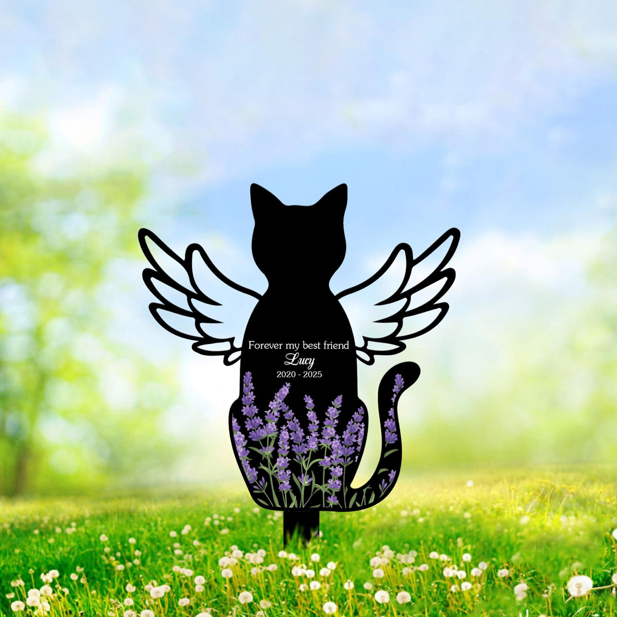 Personalized Cat Memorial Stake, Cat with Angel Wings Memorial Sign, Floral Cat Sign, Pet Loss Gift, Grave Marker, Pet Garden Sign