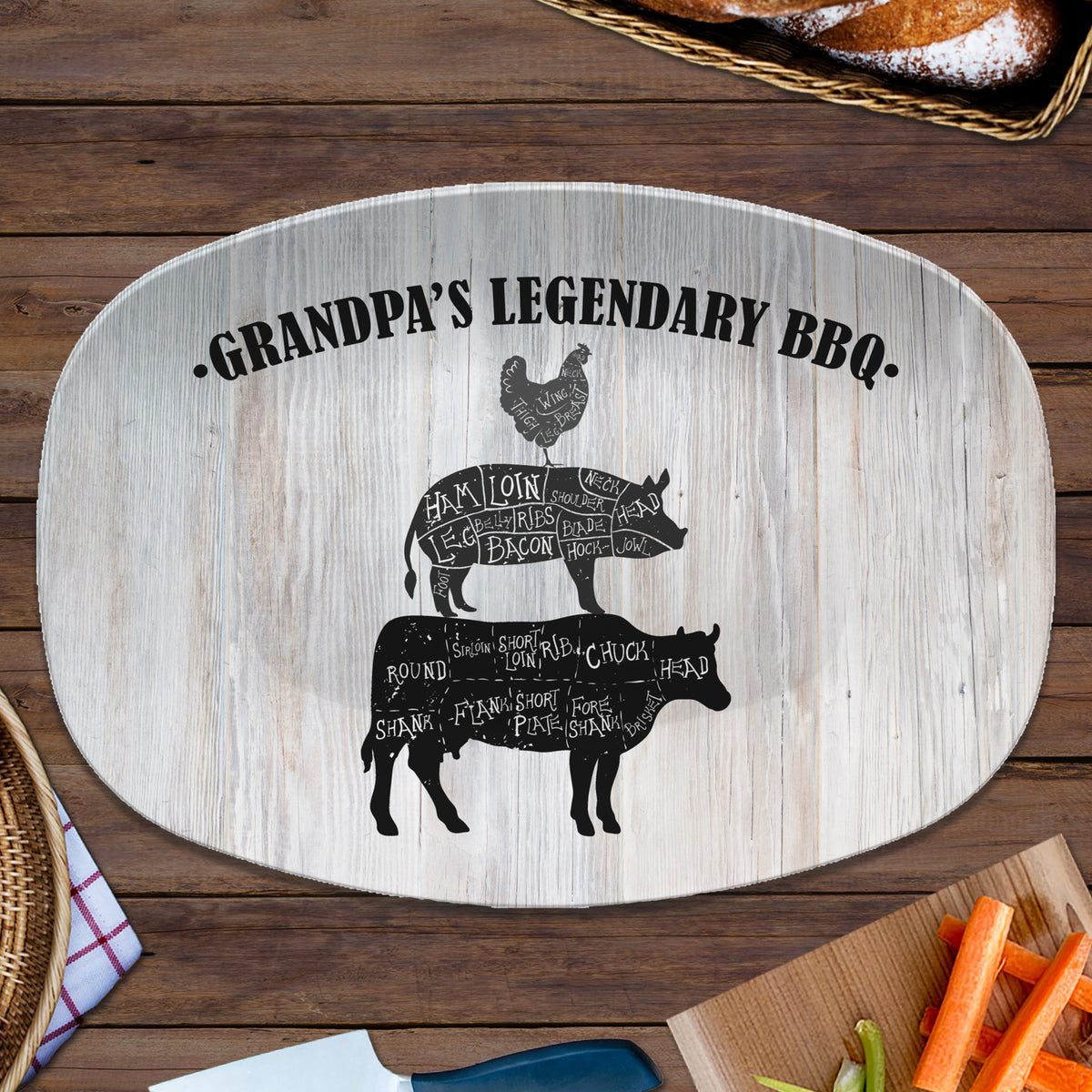 BBQ Grilling Serving Platter, Personalized Serving Tray, Father's Day BBQ Gift, Grilling Plate, Gifts for Him, Cow Pig Chicken Butcher Cuts