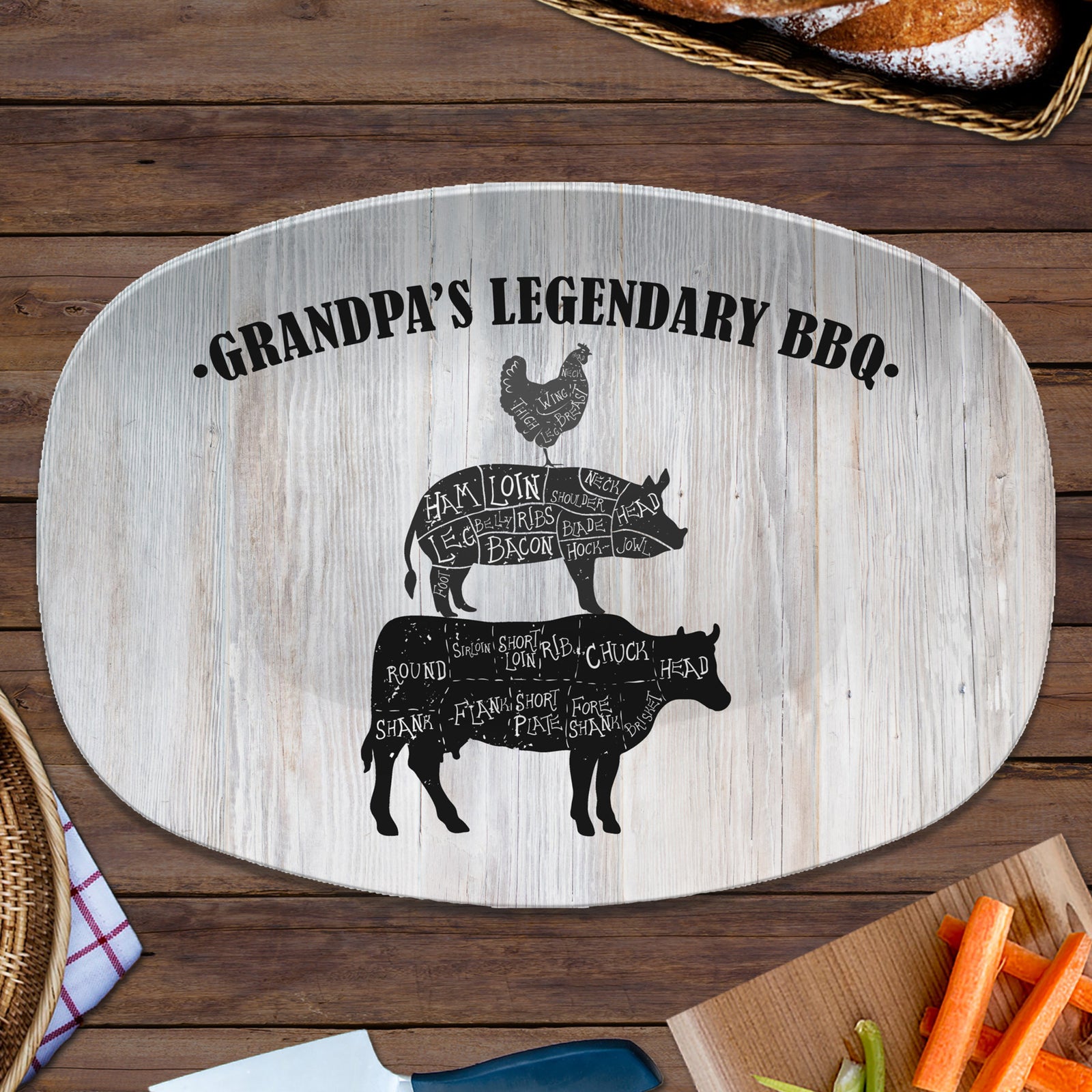 BBQ Grilling Serving Platter, Personalized Serving Tray, Father's Day BBQ Gift, Grilling Plate, Gifts for Him, Cow Pig Chicken Butcher Cuts