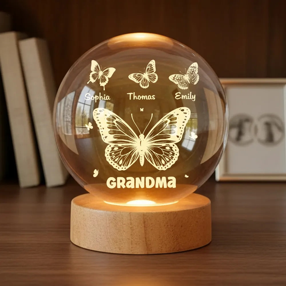 Grandma Mom Butterflies Custom Kids Names - Personalized Crystal Ball LED Night Light - Gift For Grandma, Mom